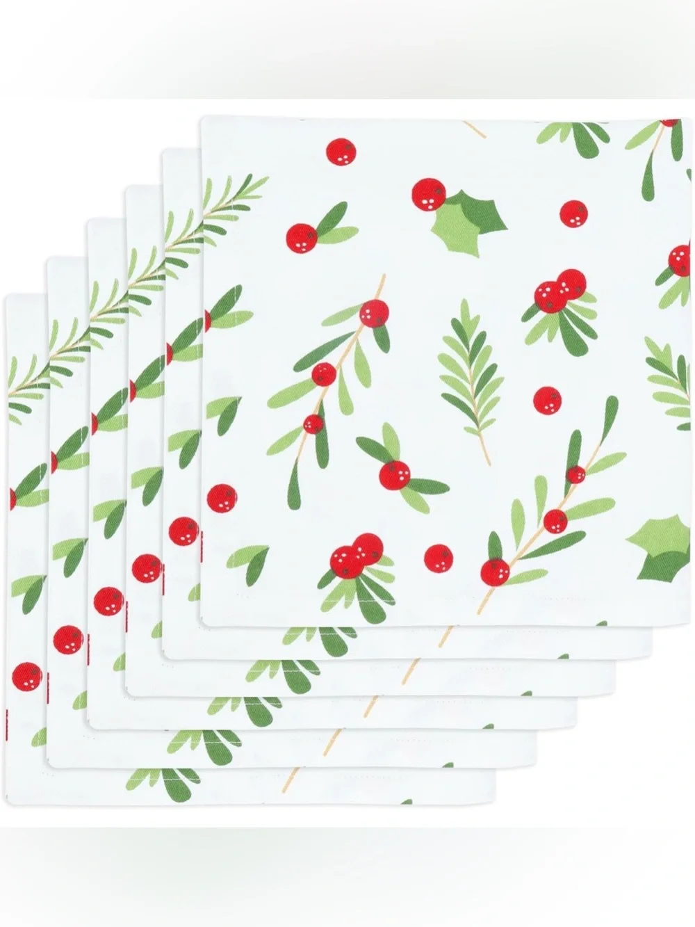 Holiday Cloth Napkins - White with Green & Red Holly Print (Set of 6)